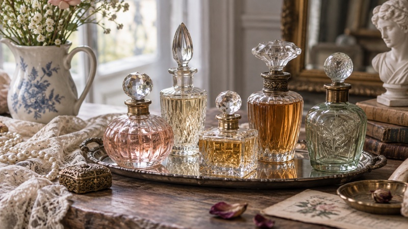 Illustration : Flacons de parfum vintage : bouchon, étiquette et état du verre