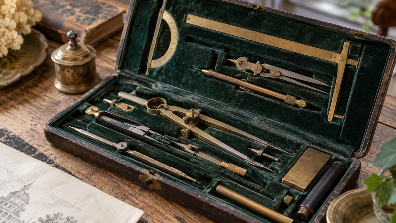 Illustration : Instruments de dessin anciens : compas, règles et boîtes complètes