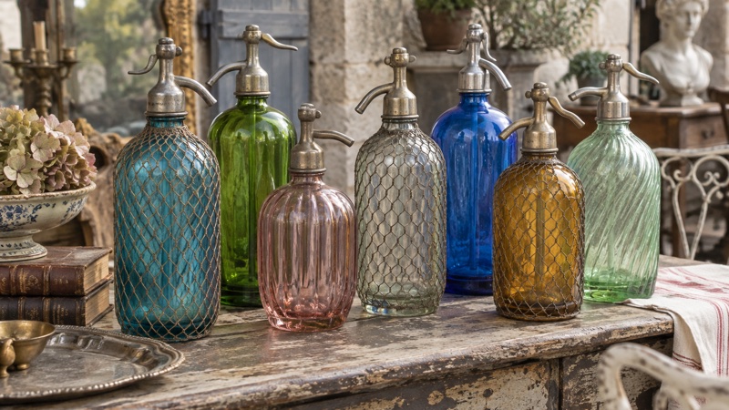 Illustration : Siphons anciens et bouteilles d’eau de Seltz : verre, armature et sécurité