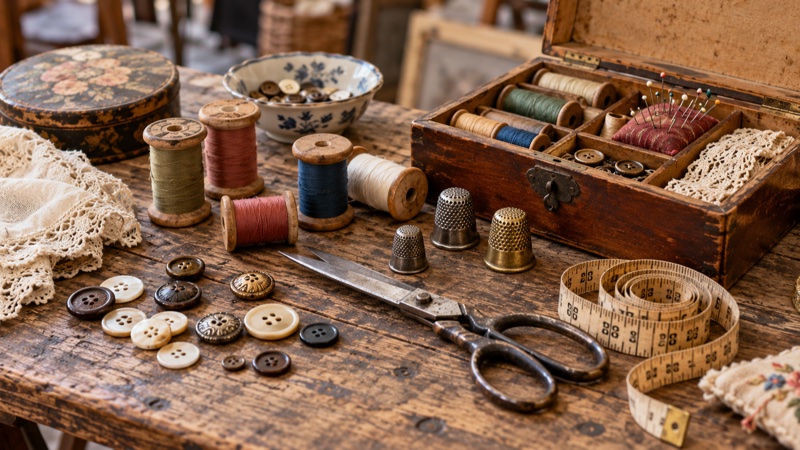Illustration : Mercerie ancienne : bobines, boutons et dés à coudre à collectionner