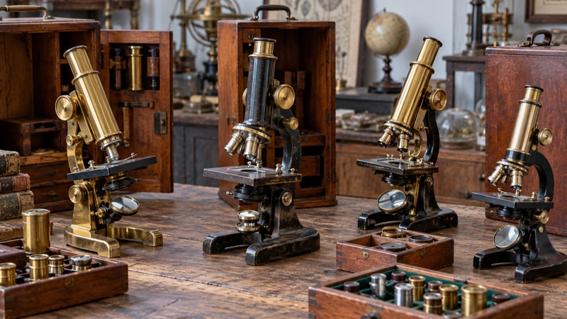 Illustration : Microscopes vintage : optique, mise au point et accessoires