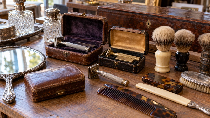 Illustration : Nécessaires de toilette anciens : rasoirs, brosses et étuis